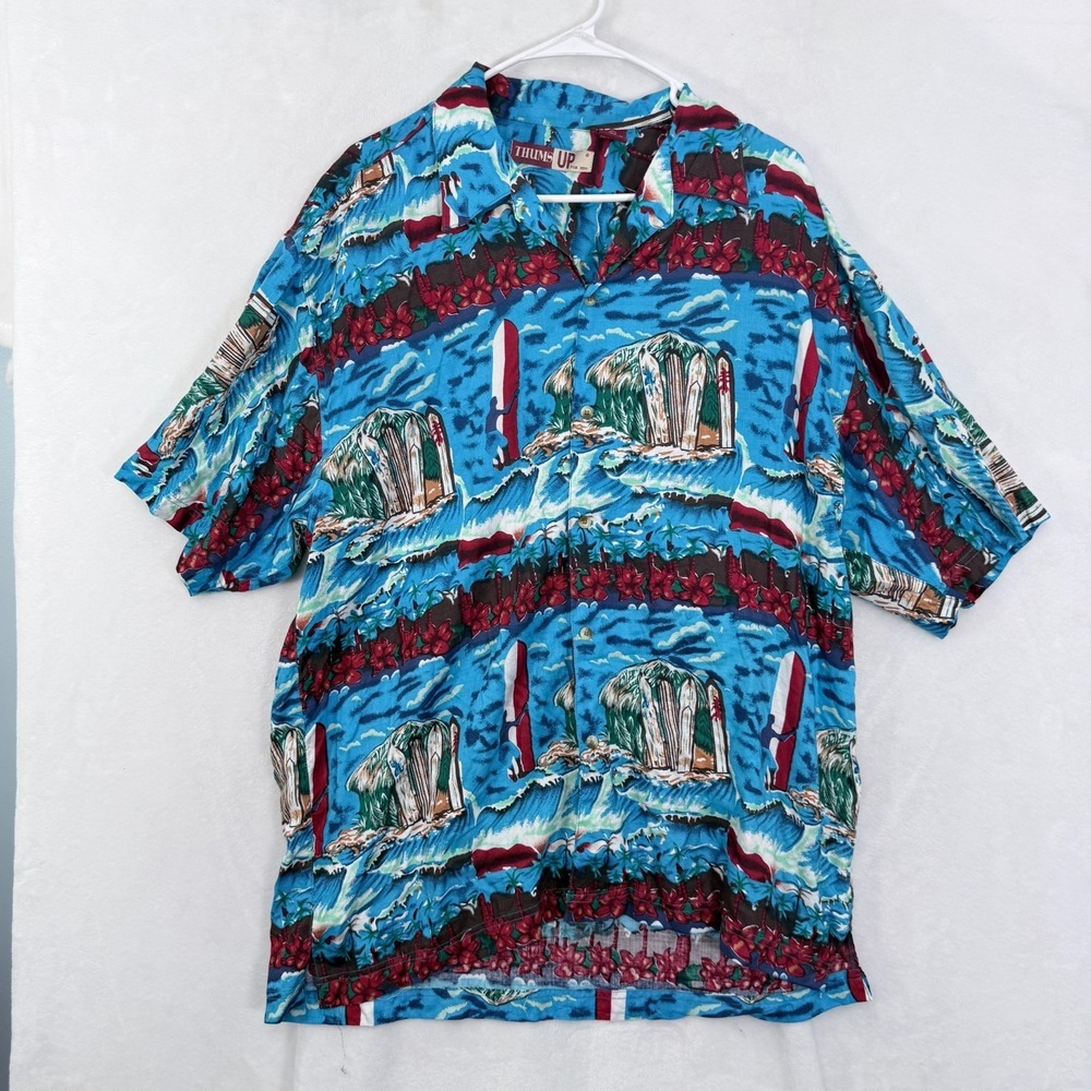 Thums Up Shirt Mens XL Blue Hawaiian Rayon Ocean Island Beach Button Up